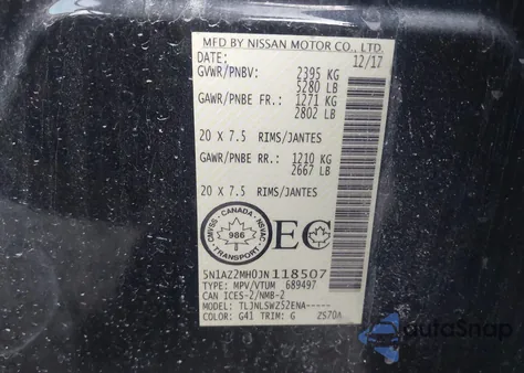 2018 Nissan Murano Platinum/S/Sl/Sv из США, поврежденный, VIN 5N1AZ2MH0JN118507